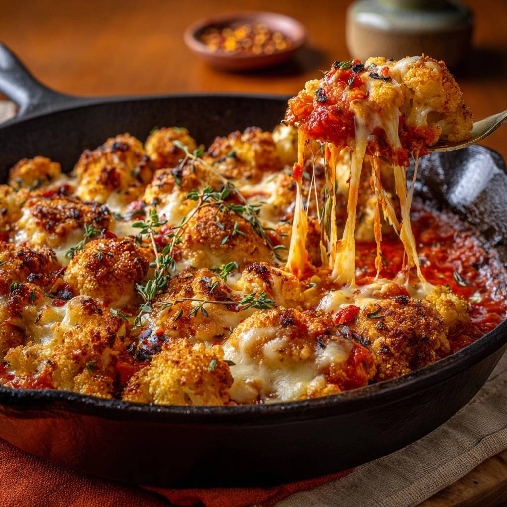 Crispy Parmesan Cauliflower Gratin with hot melted cheese stretching from a spoon in a cast iron skillet.