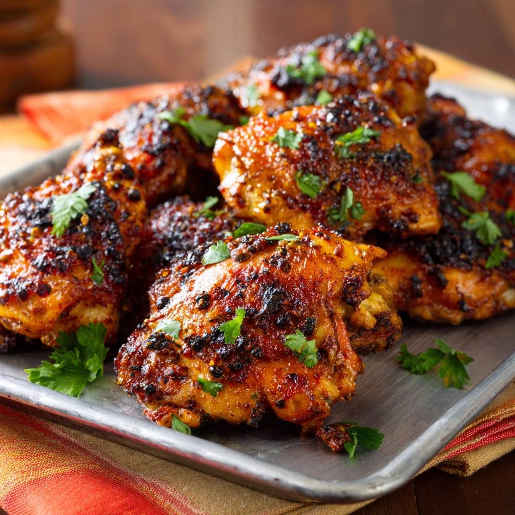 Crispy roasted garlic herb chicken thighs presented on a metal tray with a close-up view and fresh parsley garnish.