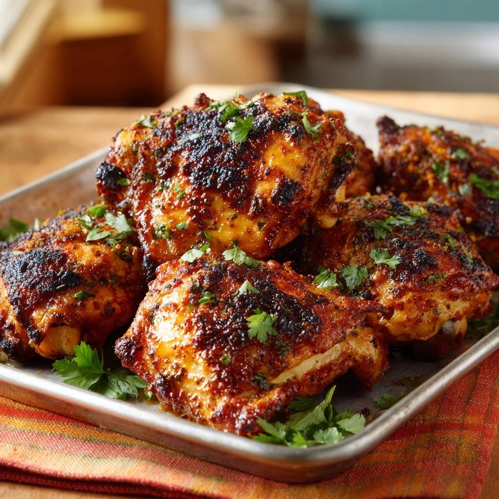Crispy roasted garlic herb chicken thighs presented on a metal tray, with a close-up view showcasing the seasoned skin and fresh parsley garnish.