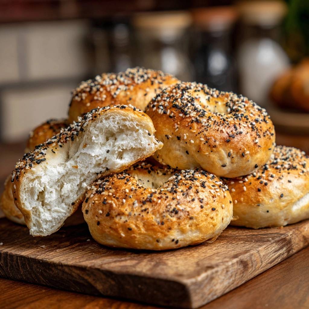 Homemade everything bagels with a close-up cross-section showing the soft interior texture.