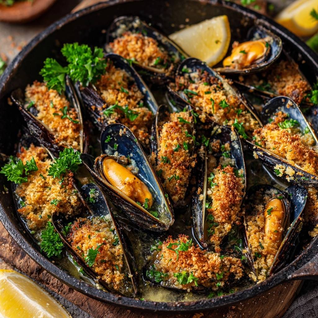Garlic butter baked mussels with a golden breadcrumb topping and fresh parsley garnish in a cast iron pan.