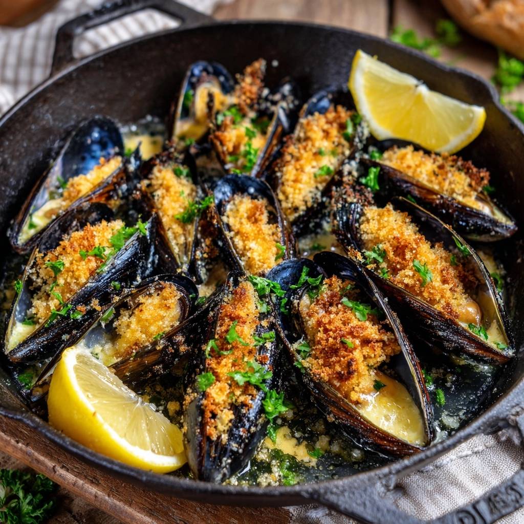 Garlic butter baked mussels in a cast iron skillet, topped with breadcrumbs and fresh parsley garnish.