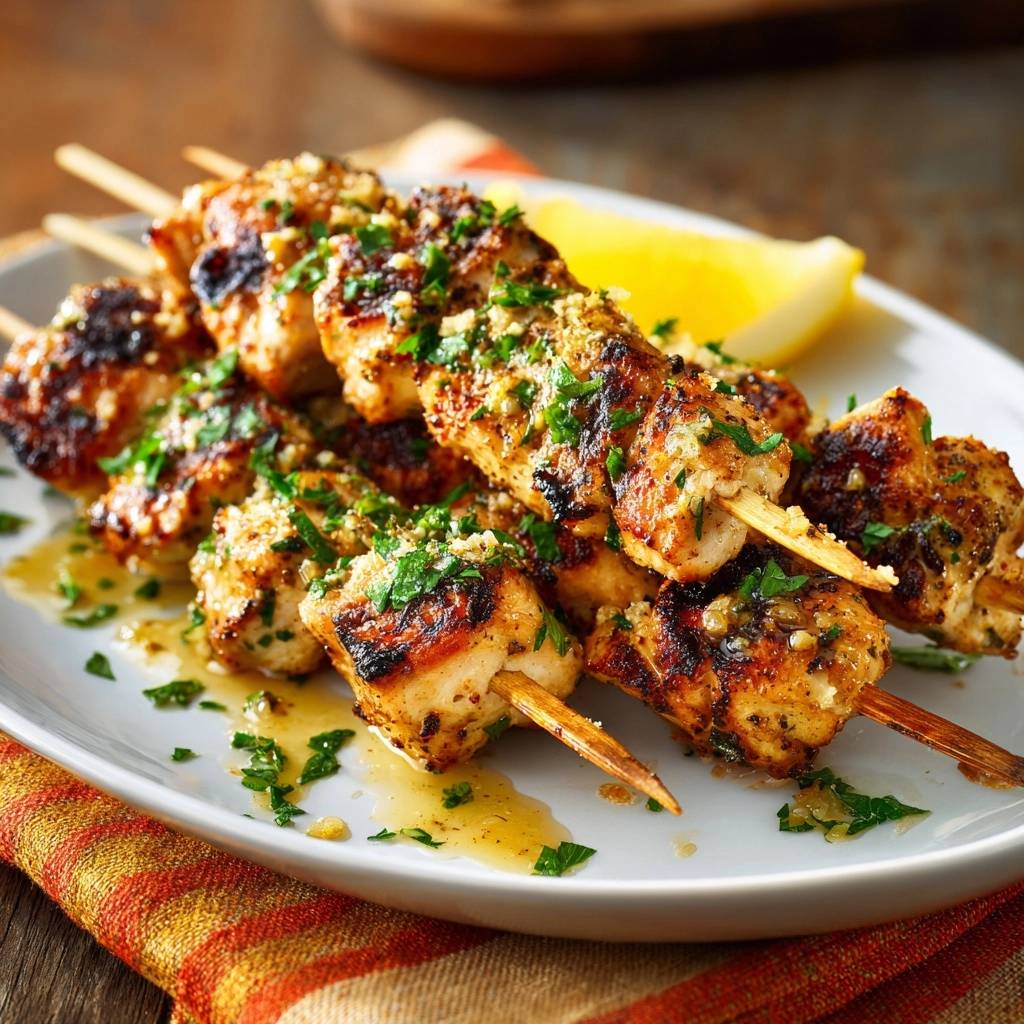 Garlic butter chicken souvlaki skewers drizzled with sauce and garnished with parsley on a white plate.