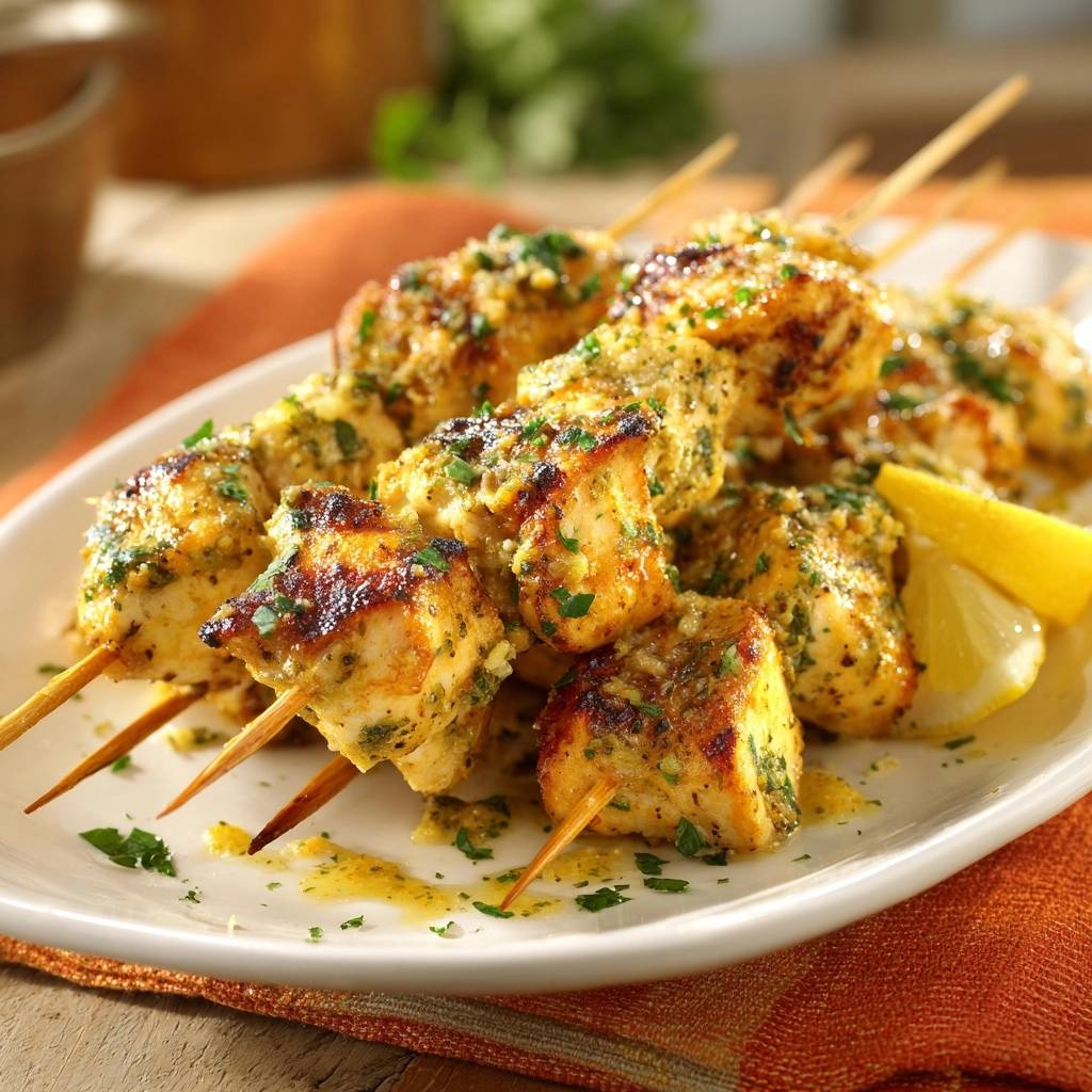 Garlic butter chicken souvlaki skewers served on a white plate with a lemon wedge garnish and fresh parsley.