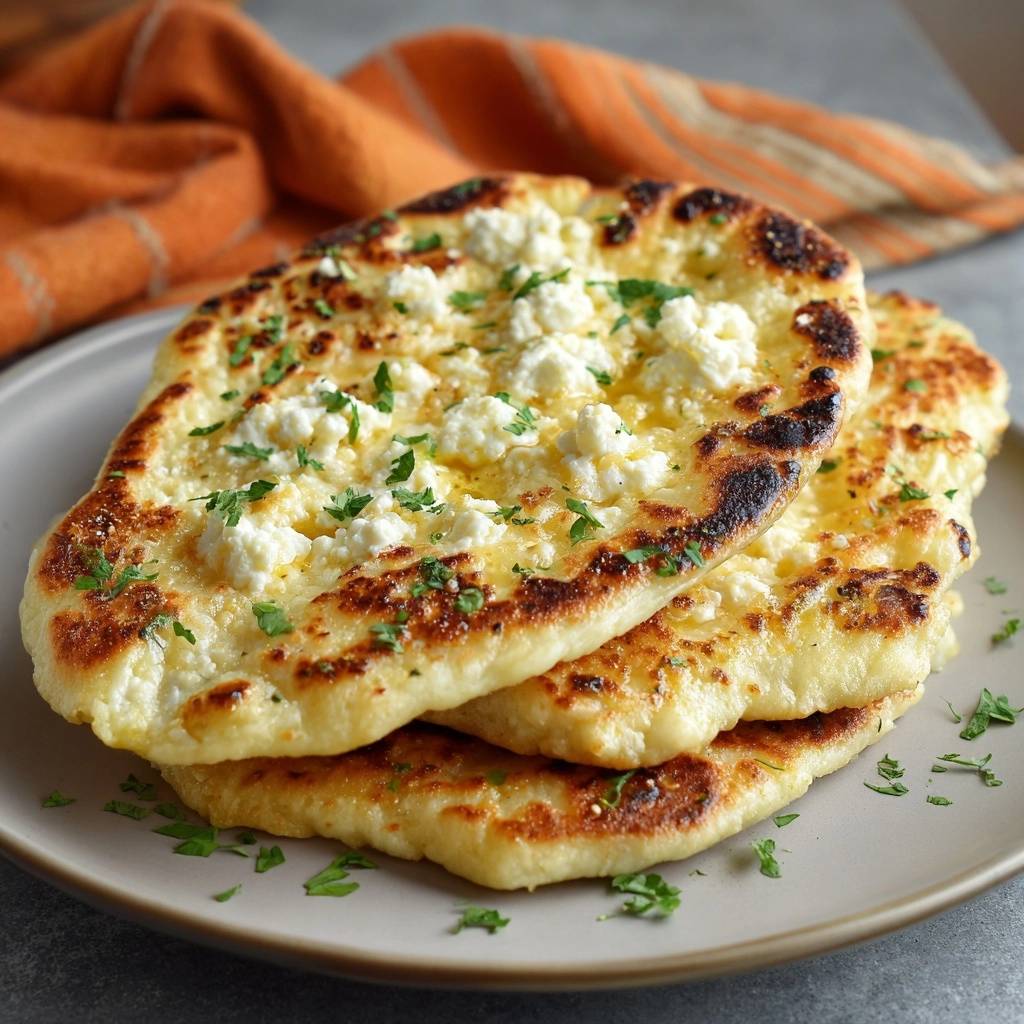 Garlic butter feta flatbread stacked on a plate and garnished with fresh parsley, showcasing a close-up view.