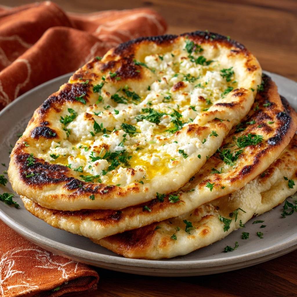 Garlic butter feta flatbread stacked on a plate, topped with fresh parsley and glistening with butter.