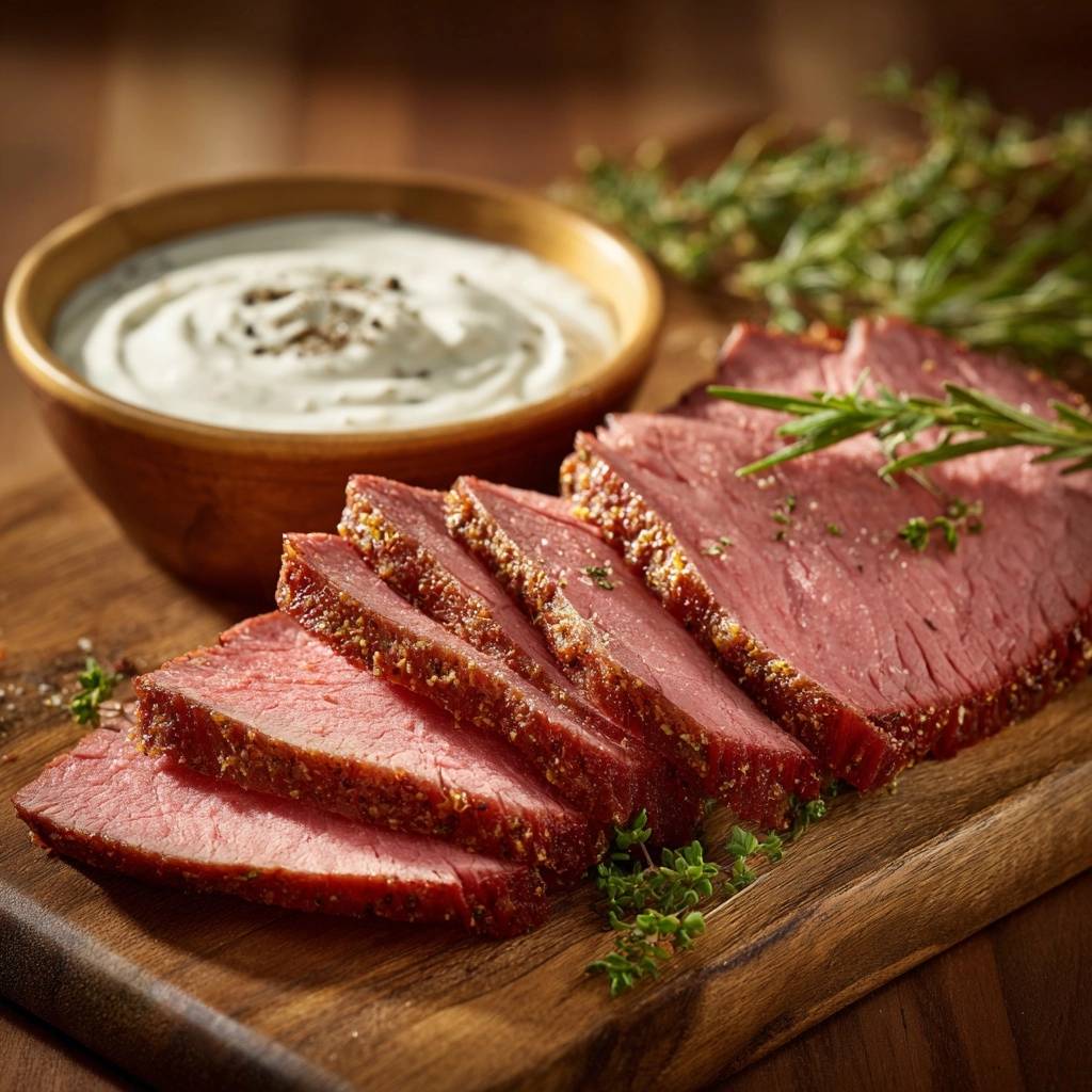 Garlic herb roasted beef, sliced and served with a creamy dip and fresh herbs on a wooden board.