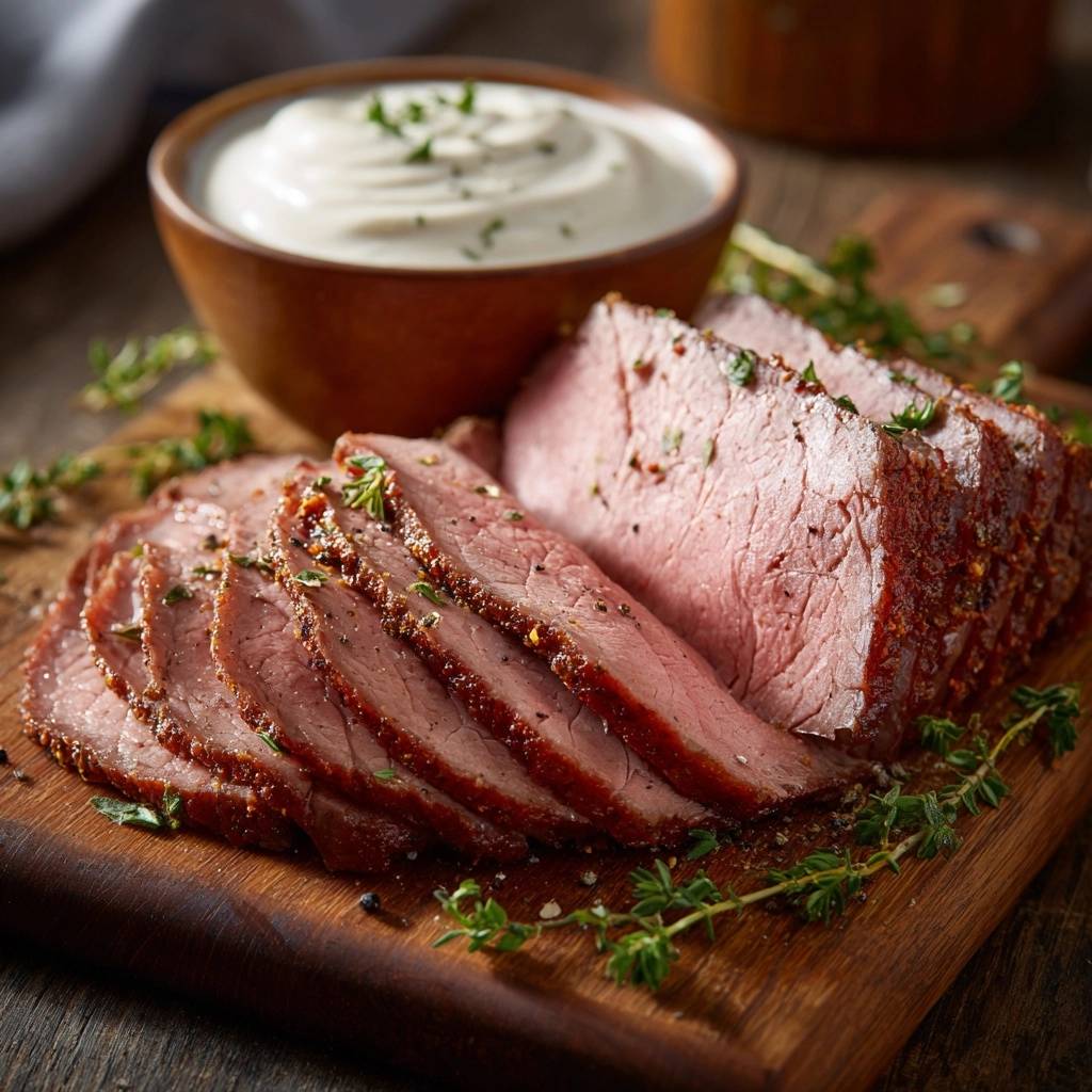Garlic herb roasted beef sliced and served with a creamy dip and fresh thyme garnish on a wooden board.