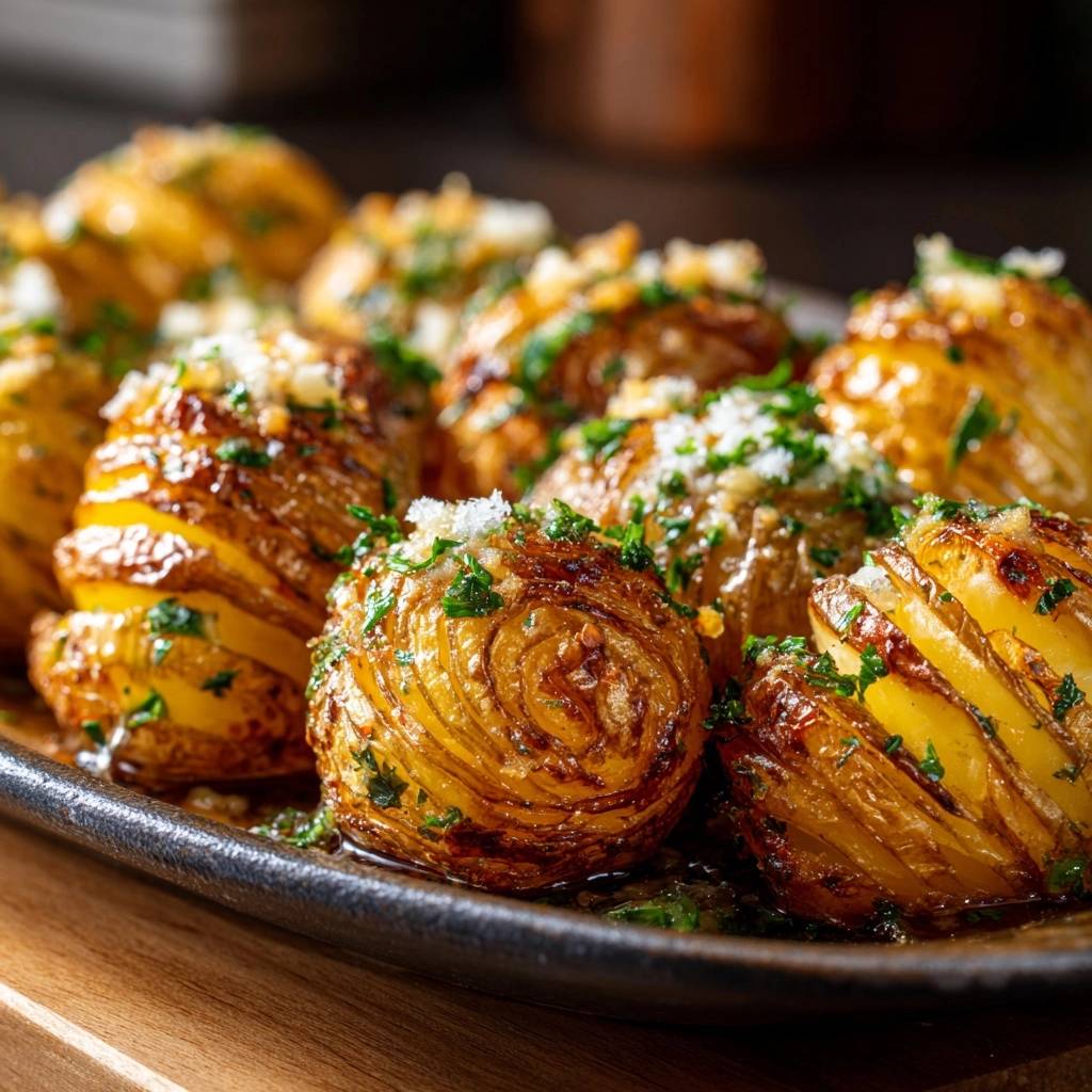 Crispy garlic parmesan hasselback potatoes with a close-up on the chopped parsley and grated cheese garnish.