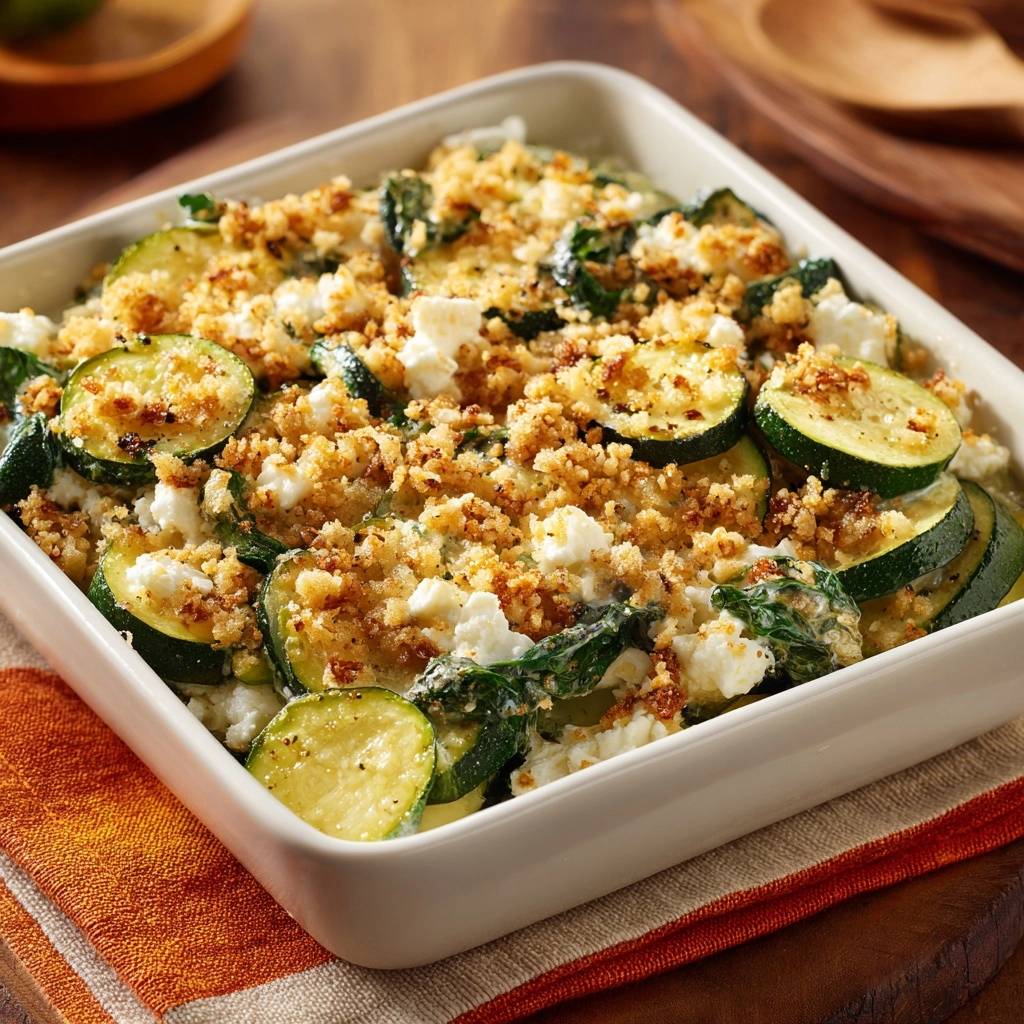 Garlic Parmesan Zucchini Bake in a white dish, featuring a golden crumb topping and visible feta cheese.