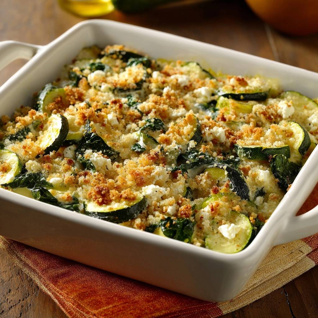 Garlic Parmesan Zucchini Bake featuring a golden breadcrumb topping and crumbled feta cheese.
