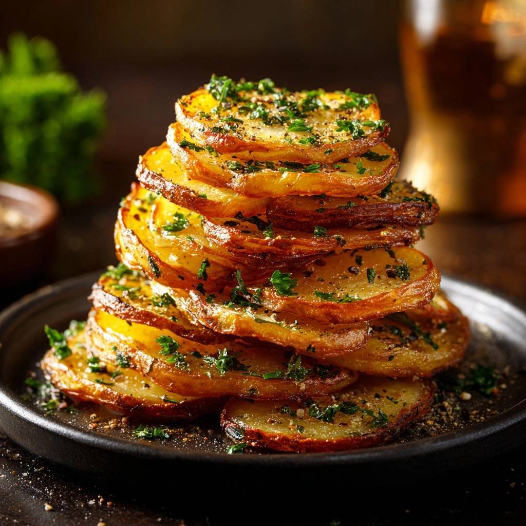 Crispy garlic potato stacks presented in a tall, stacked formation, generously garnished with fresh parsley.