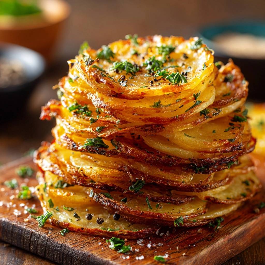 Crispy garlic potato stacks, a tall tower of thinly sliced potatoes, are garnished with fresh herbs and black pepper.