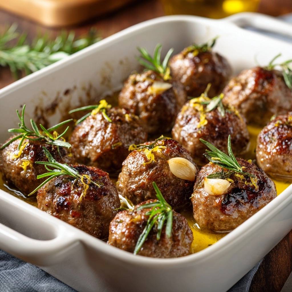 Garlic and rosemary roasted meatballs prepared with the confit method, garnished with fresh rosemary and lemon zest.