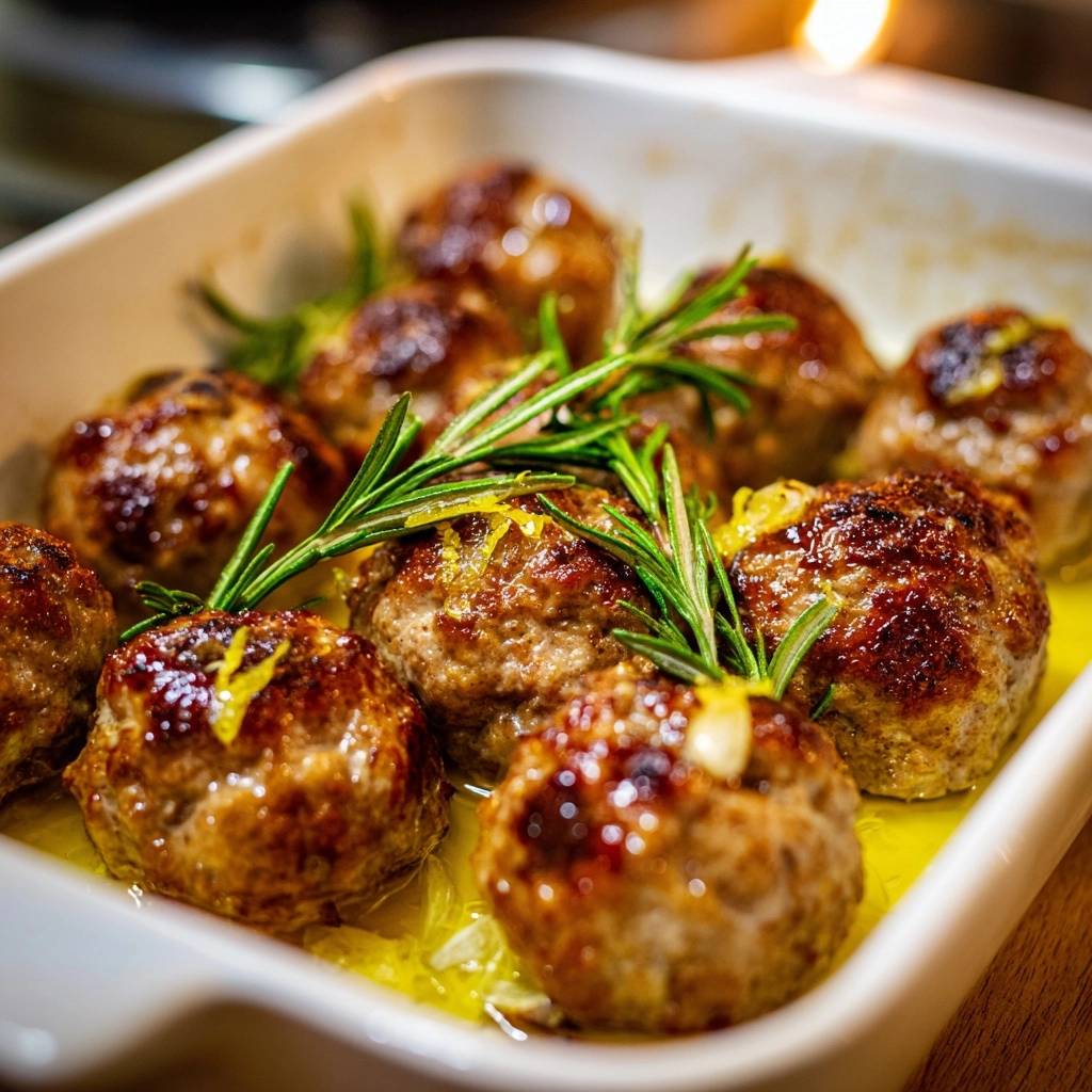 Garlic and rosemary roasted meatballs with a close-up detail of fresh rosemary and lemon zest garnish.