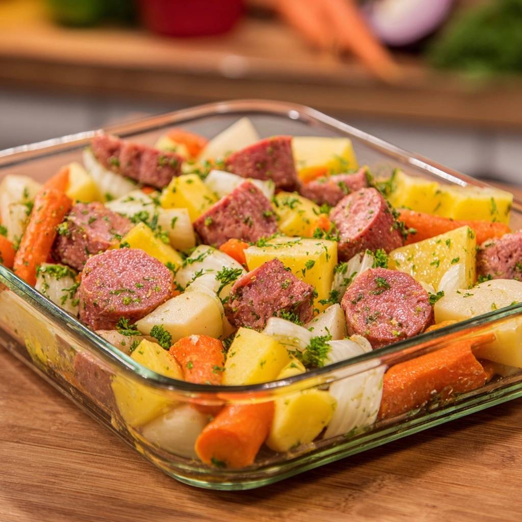 Glass dish sausage and root vegetable medley shown in a close-up view with parsley garnish.