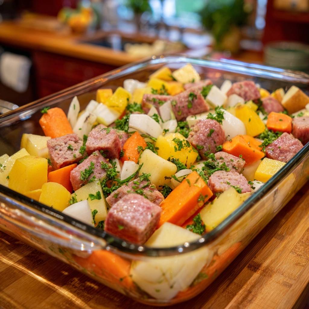 Glass dish sausage and root vegetable medley shown raw and prepared for cooking with sausage, carrots, and potatoes.