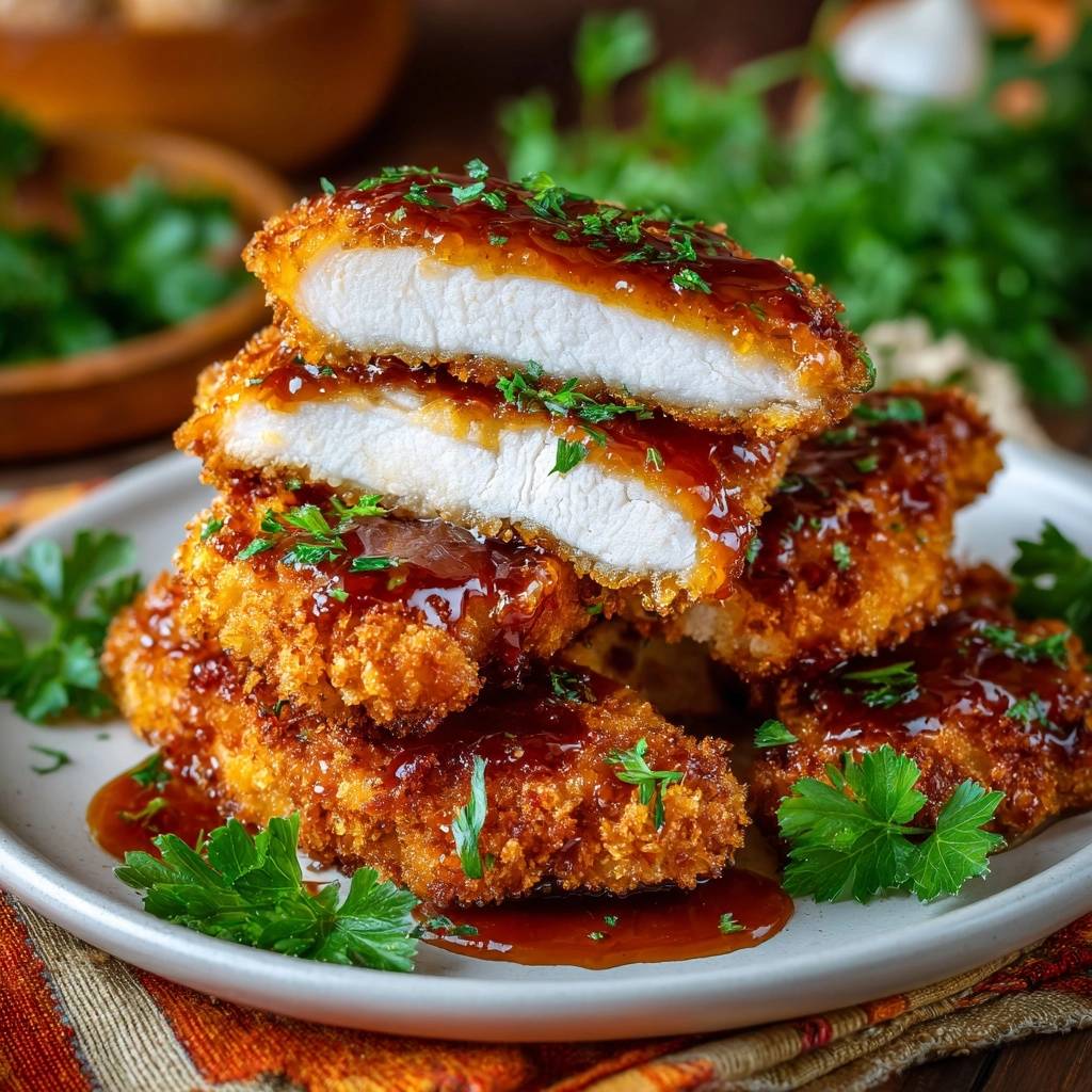 Glazed chicken cutlets cross-section showing the juicy interior and crispy coating, garnished with fresh parsley.