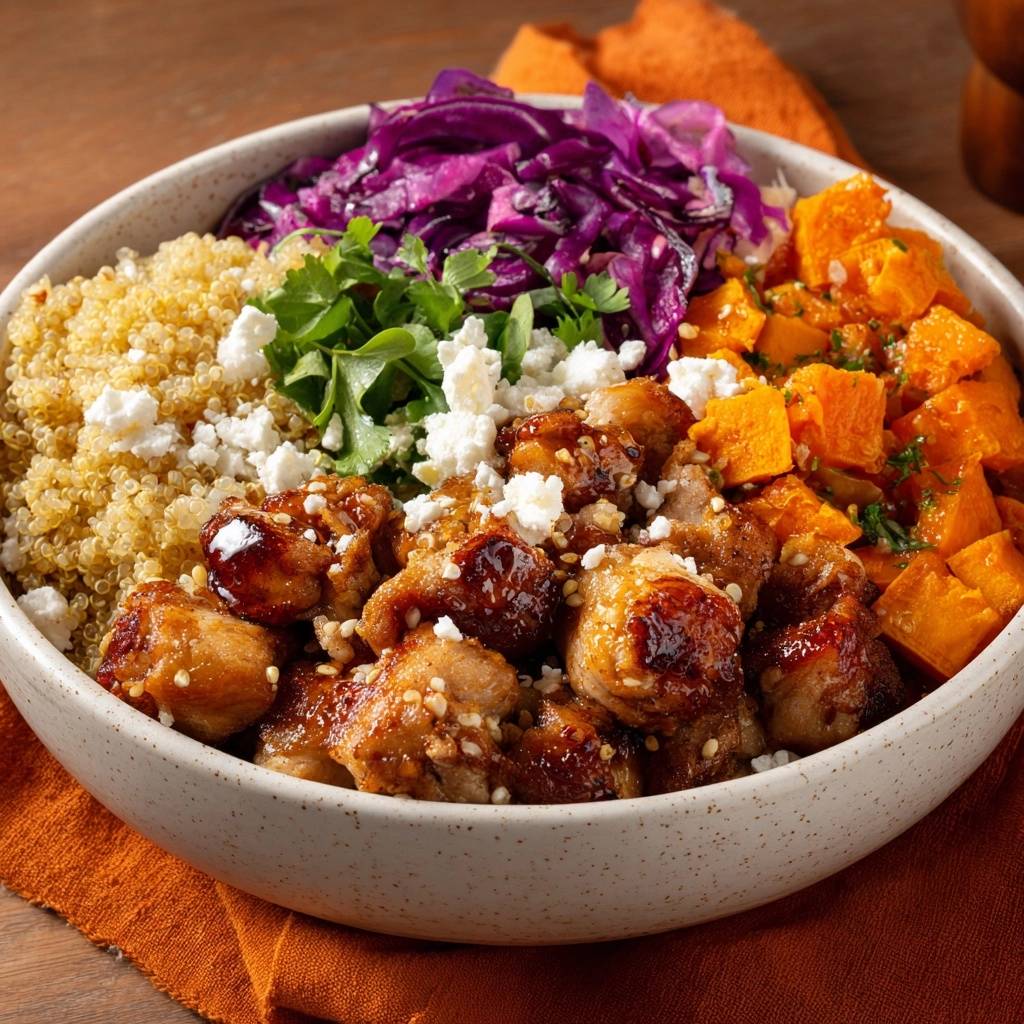 Glazed chicken and sweet potato quinoa bowl featuring a close-up view of the savory chicken and fresh toppings.