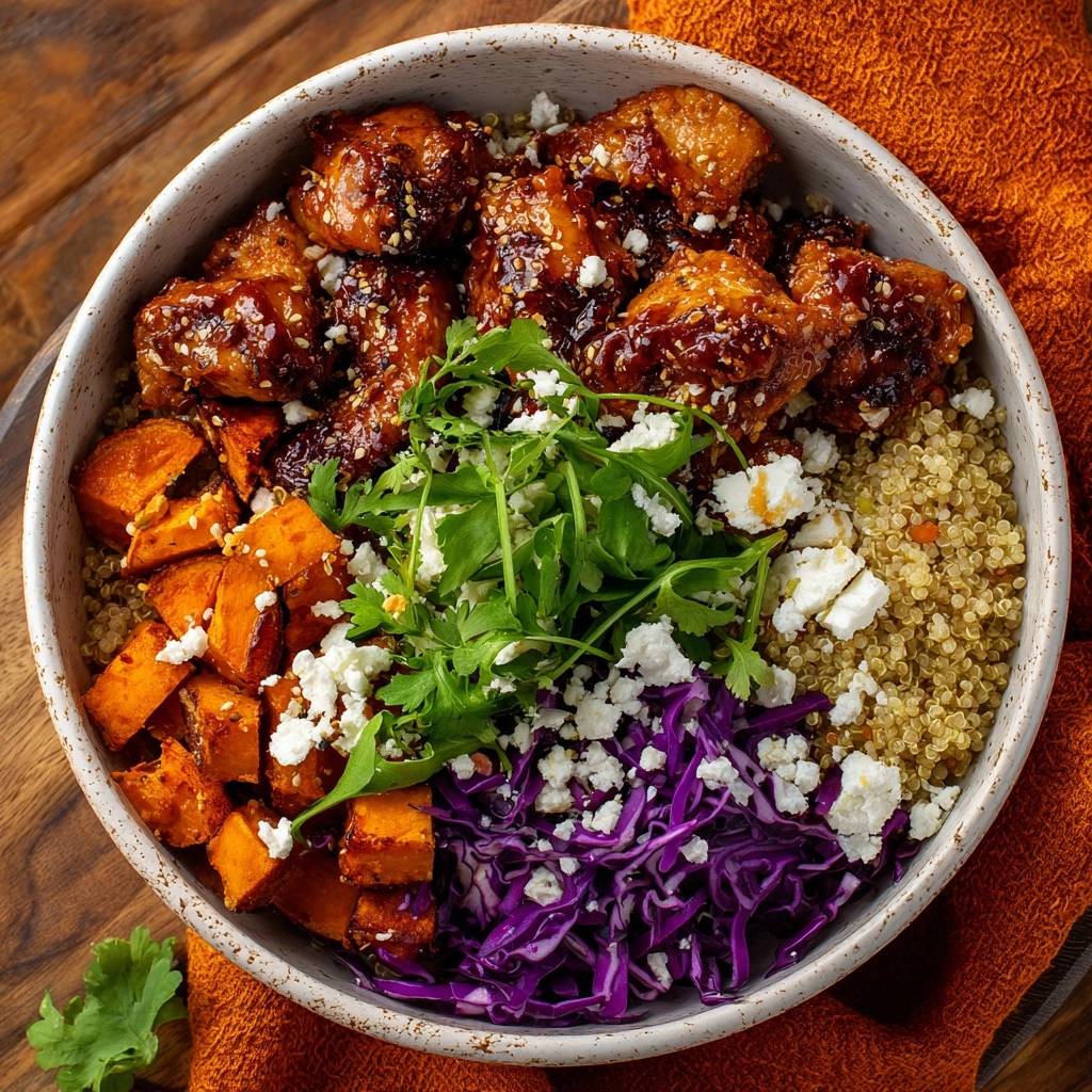 Glazed chicken and sweet potato quinoa bowl shown from an overhead view with feta and cilantro garnish.