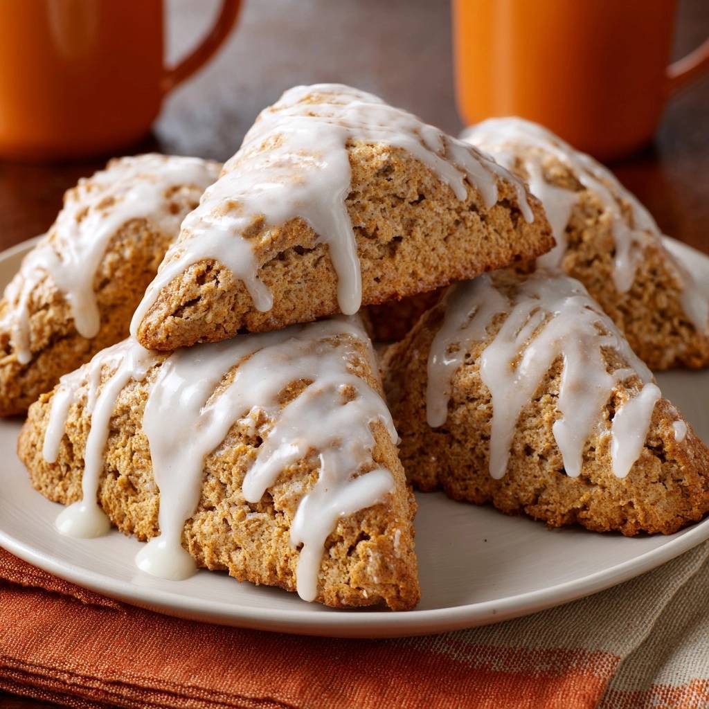 Glazed cinnamon spice scones stacked on a plate, showing their triangular shape and drizzled icing.