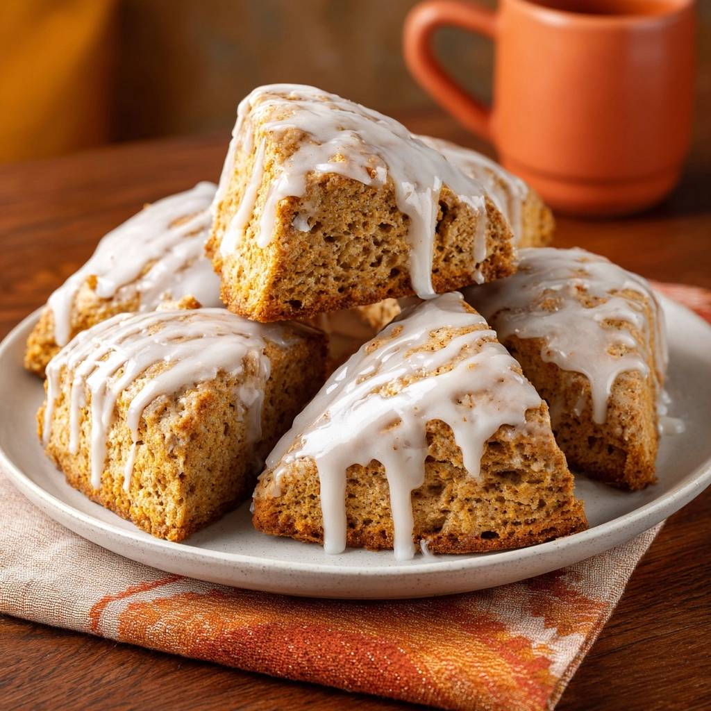 Glazed cinnamon spice scones are stacked on a plate, showcasing their triangular shape and drizzled icing.