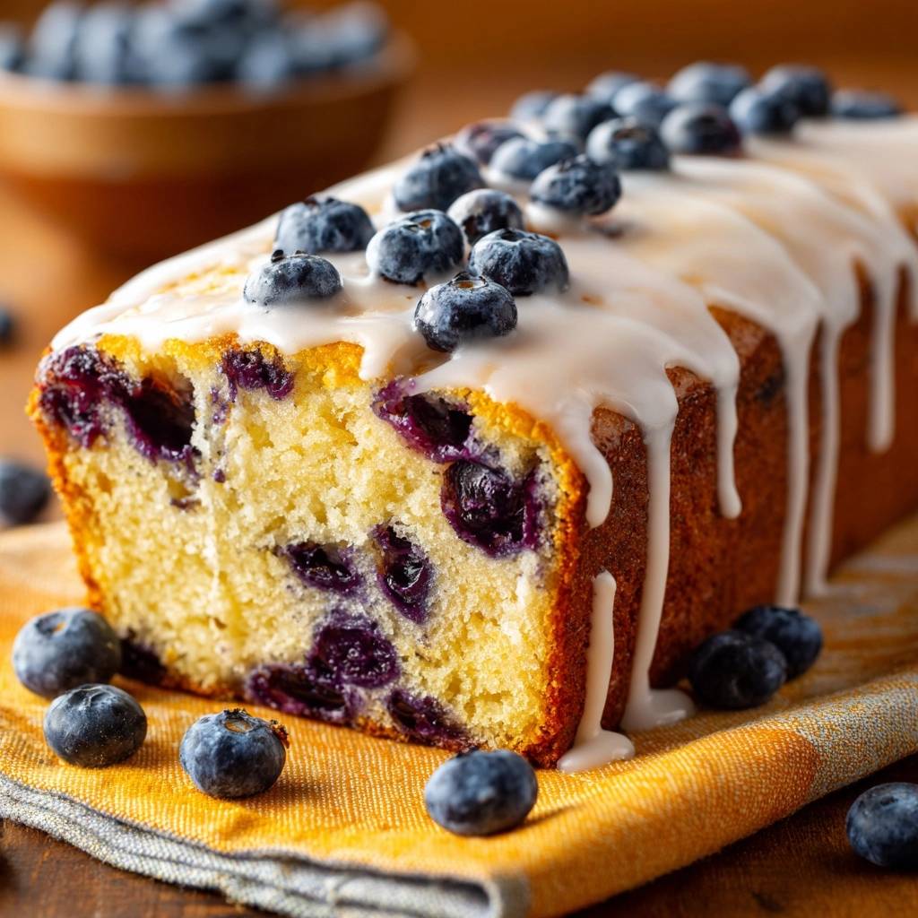 Glazed lemon blueberry loaf showing a cross-section with blueberries and dripping white glaze.