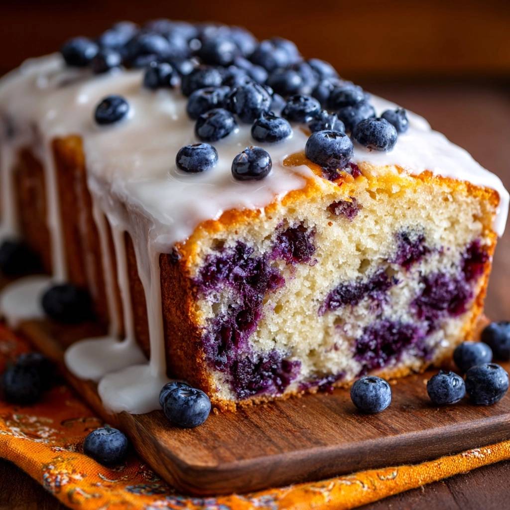 Glazed lemon blueberry loaf shown in a close-up cross-section revealing its tender crumb and bursting blueberries.
