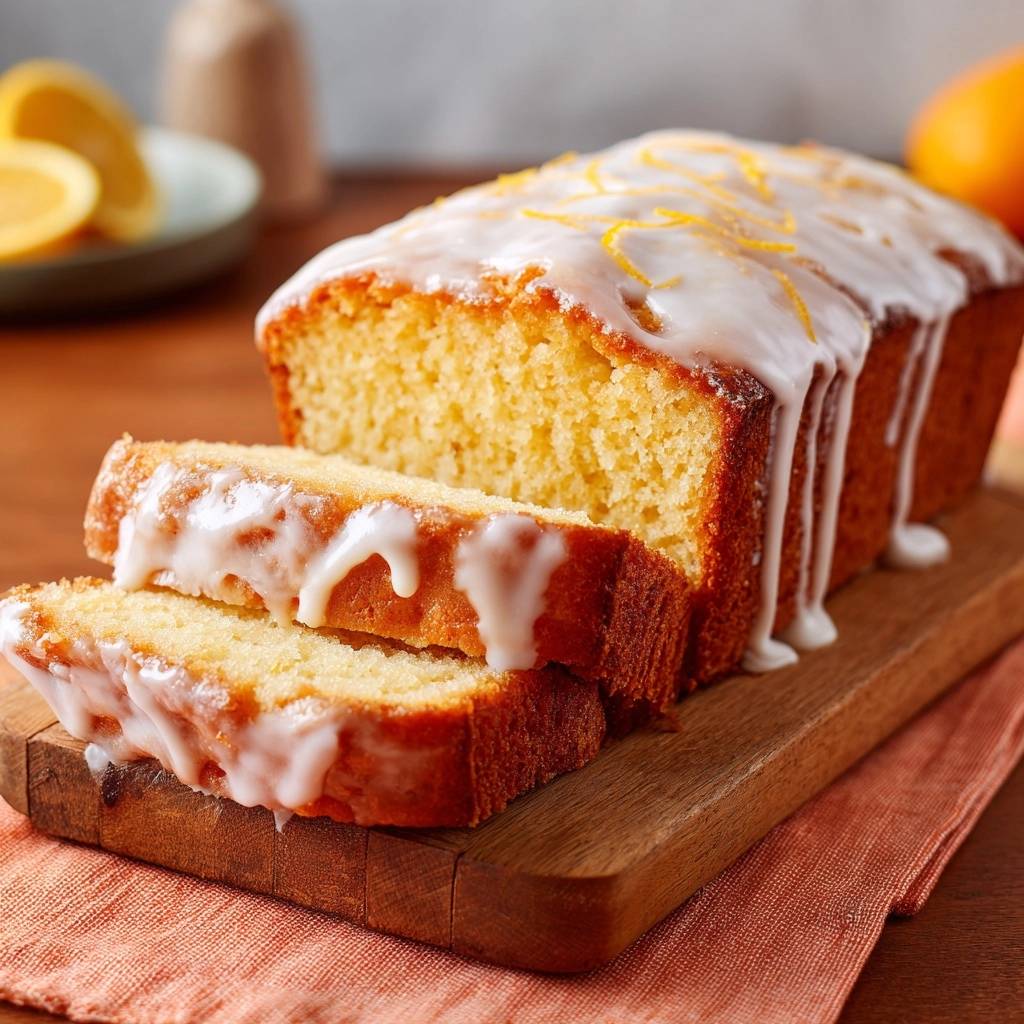 Glazed lemon loaf cake sliced on a wooden board, showing the dripping white glaze and citrus zest garnish.