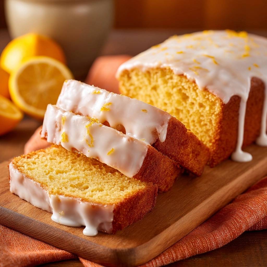 Glazed lemon loaf cake sliced to show its texture with white glaze and lemon zest on top.