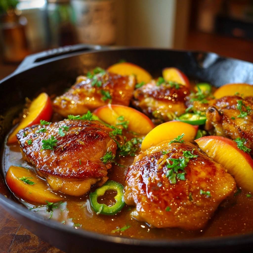 Glazed peach and jalapeno chicken thighs with crispy skin presented in a cast iron skillet with fresh garnishes.