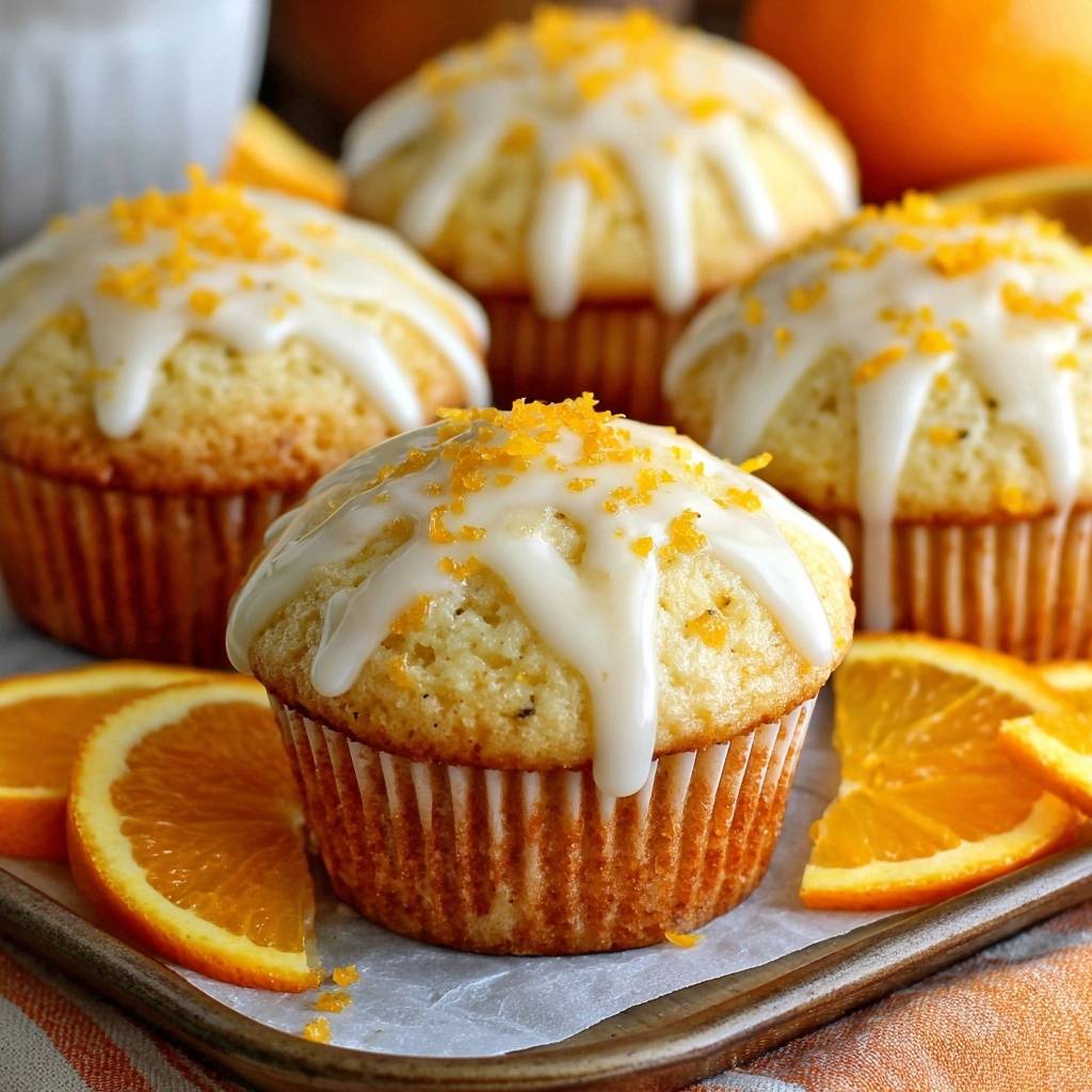 Glazed zesty orange muffins with bakery-style crumb, showcasing a close-up of the white glaze and orange zest topping.