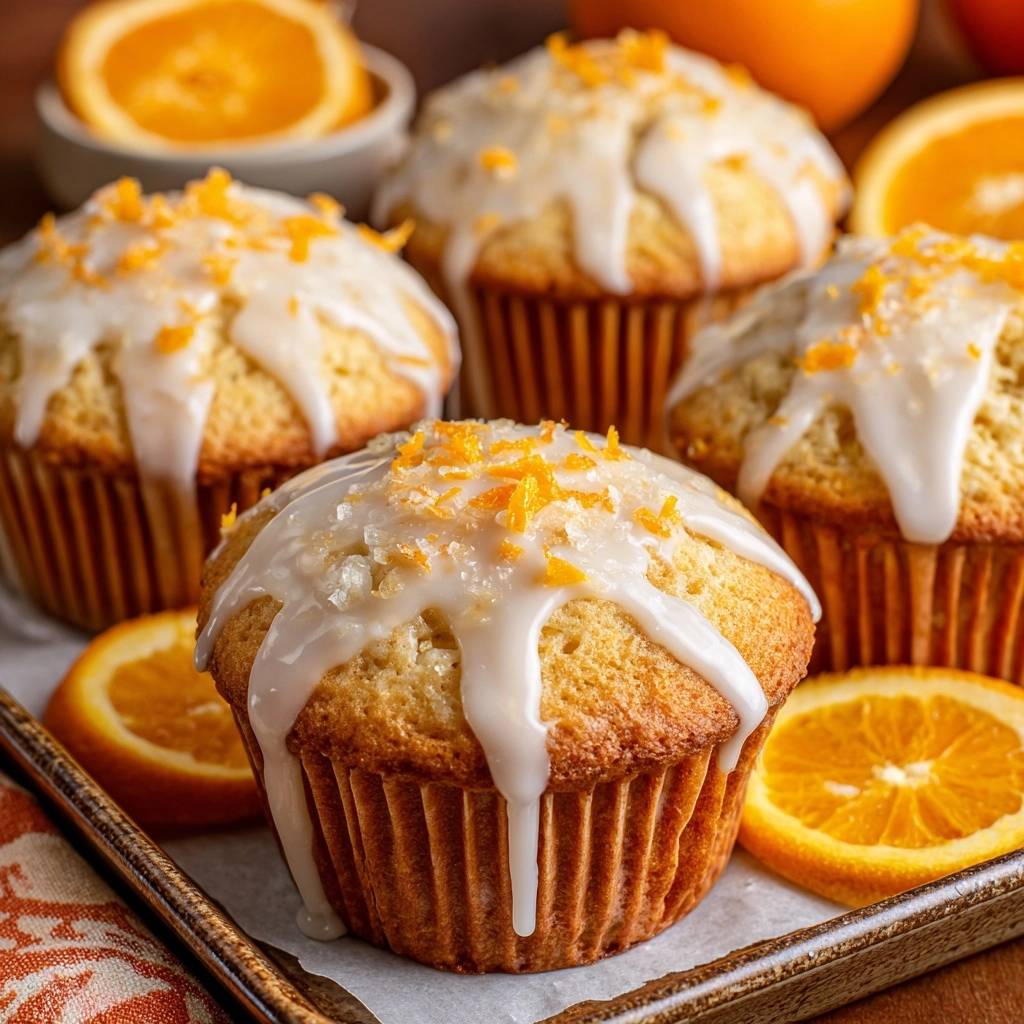 Glazed zesty orange muffins with a bakery-style crumb, showcasing a close-up of the dripping glaze and orange zest garnish.
