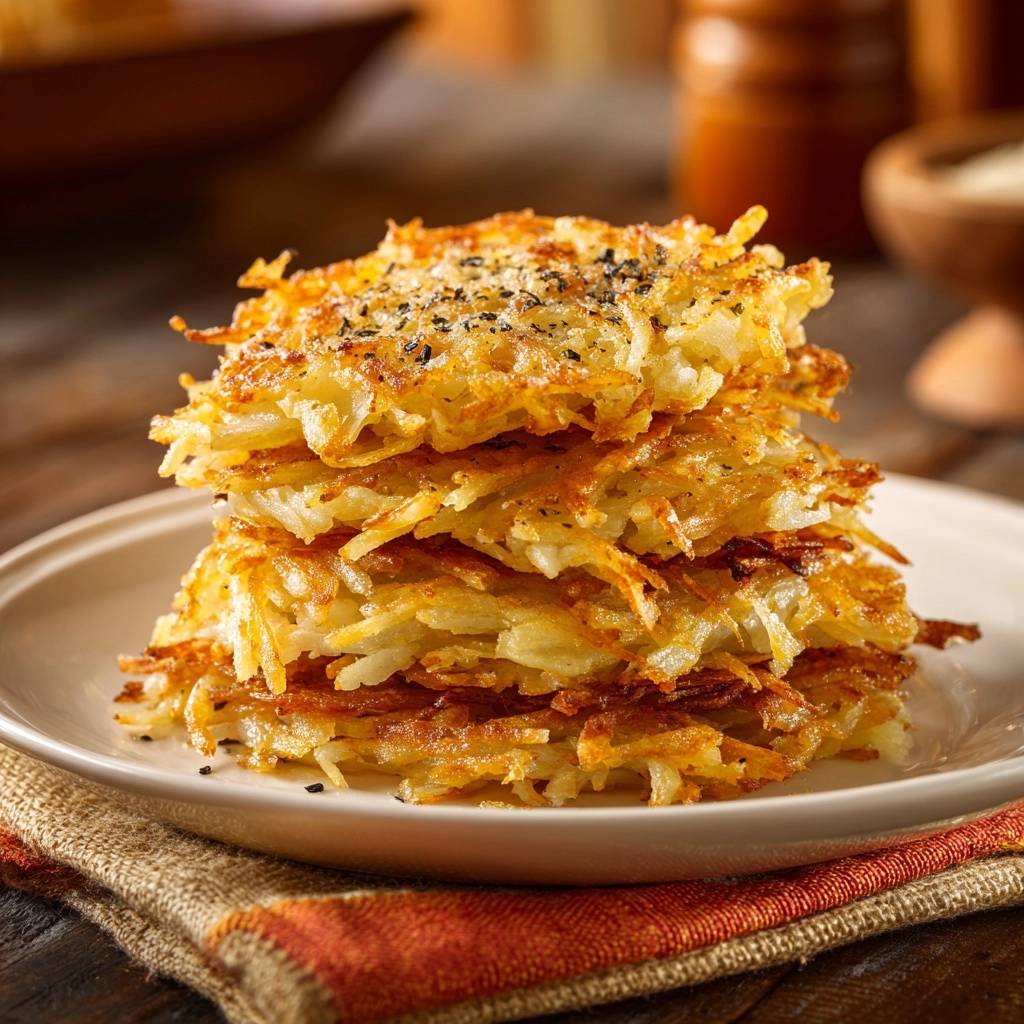 Golden crispy hash brown patties stacked high on a white plate, sprinkled with black pepper seasoning.
