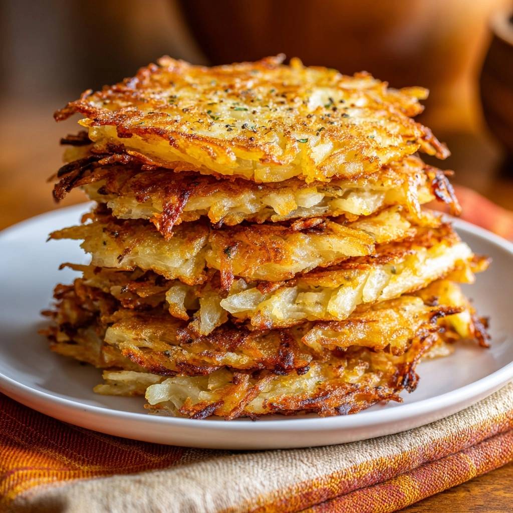 Golden crispy hash brown patties stacked high on a white plate, showcasing their layered texture.