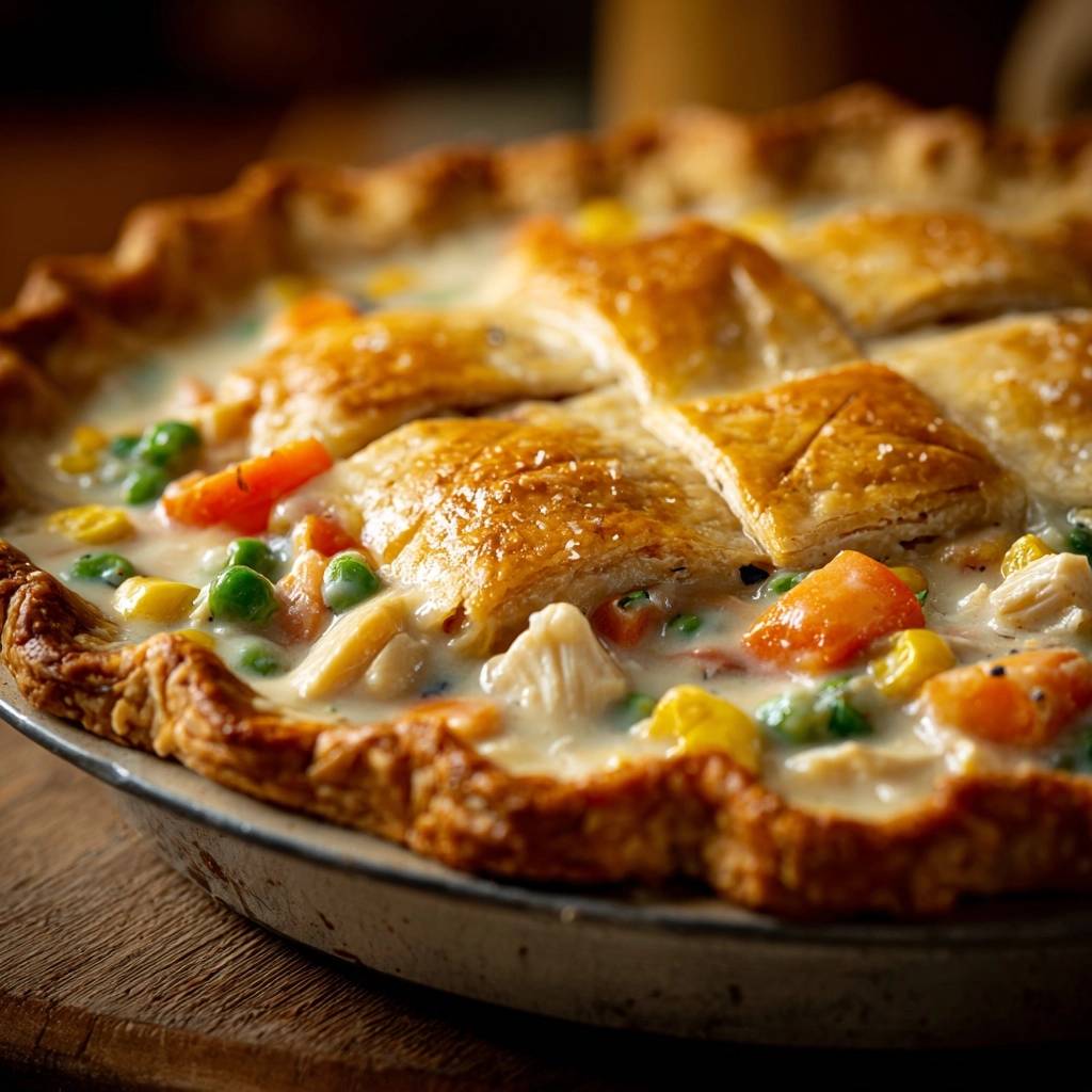 Golden lattice chicken pot pie with a close-up view of its golden, flaky crust and visible filling.