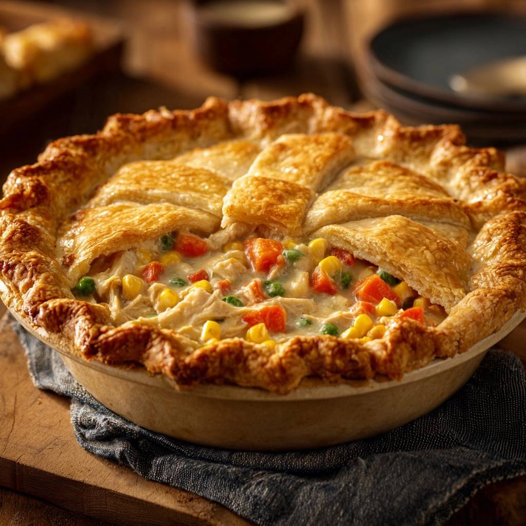 Golden lattice chicken pot pie with a golden-brown crust and visible chicken and vegetable filling.
