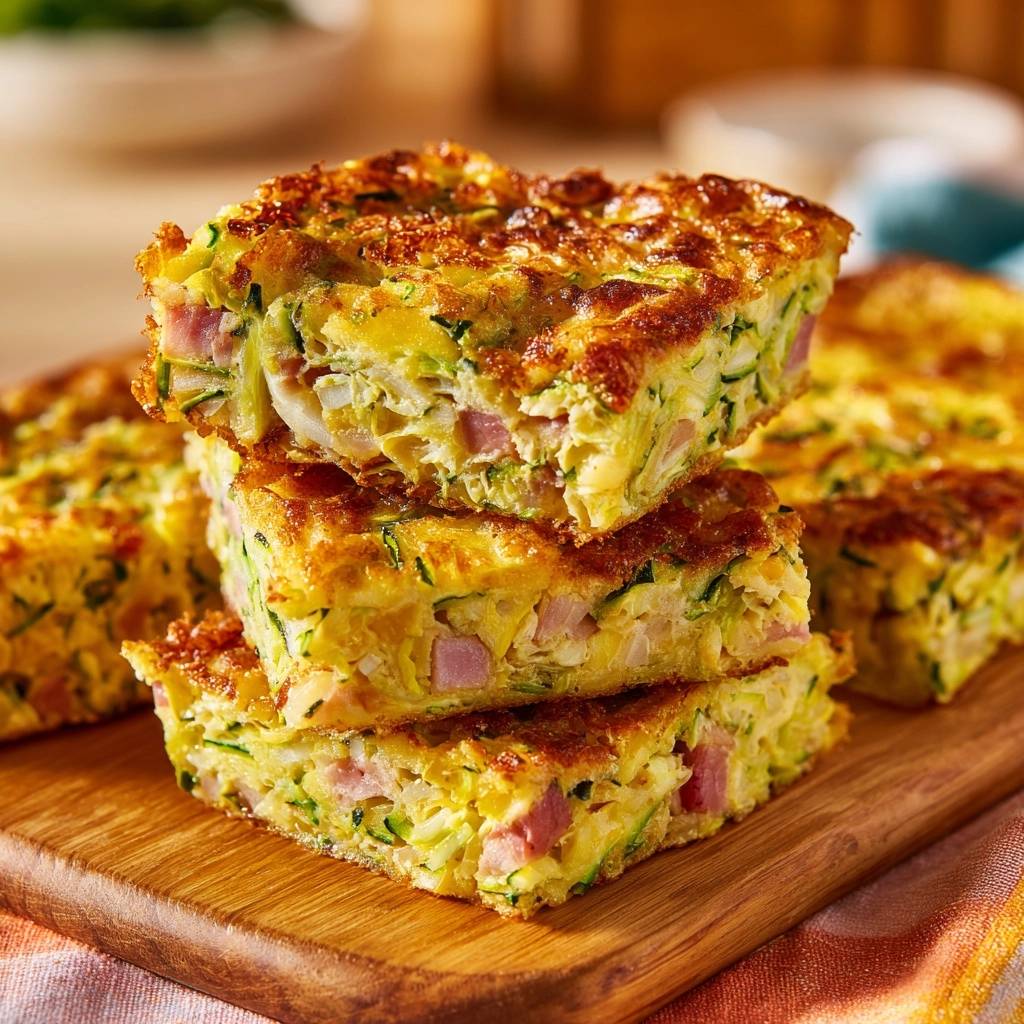 Golden Zucchini and Ham Slice shown in a close-up cross-section, stacked slices on a wooden board.