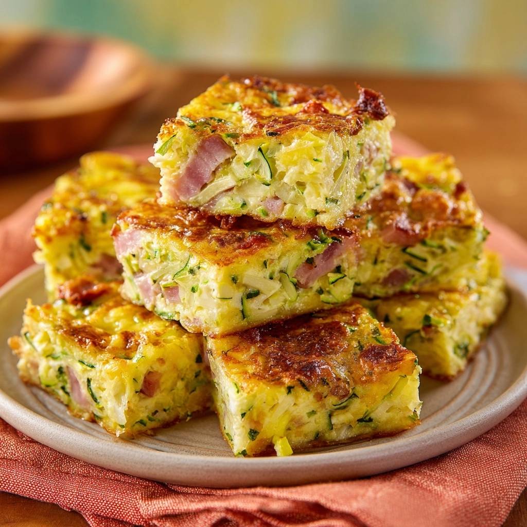 Golden zucchini and ham slice presented as stacked pieces, showcasing its savory interior and golden-brown crust.