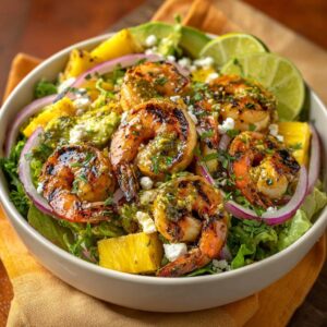 Grilled cilantro lime shrimp salad in a close-up bowl with grilled shrimp, pineapple, avocado, and feta cheese.
