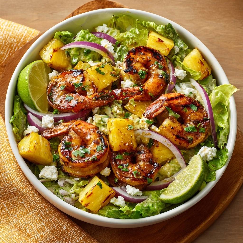 Grilled cilantro lime shrimp salad featuring plump shrimp, pineapple chunks, and crumbled feta cheese in a close-up overhead view.