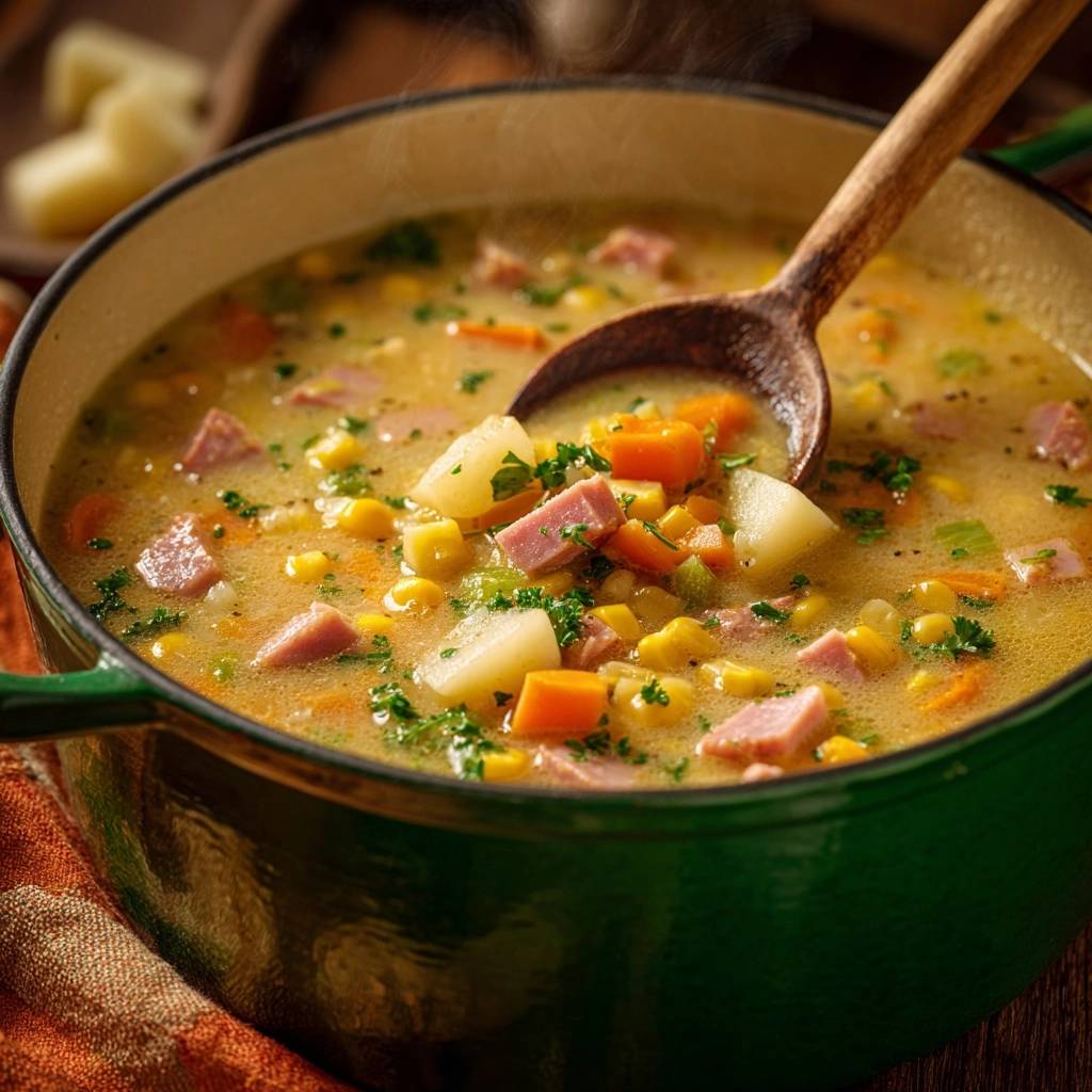 Ham and potato corn chowder served steaming in a green Dutch oven with a wooden spoon.