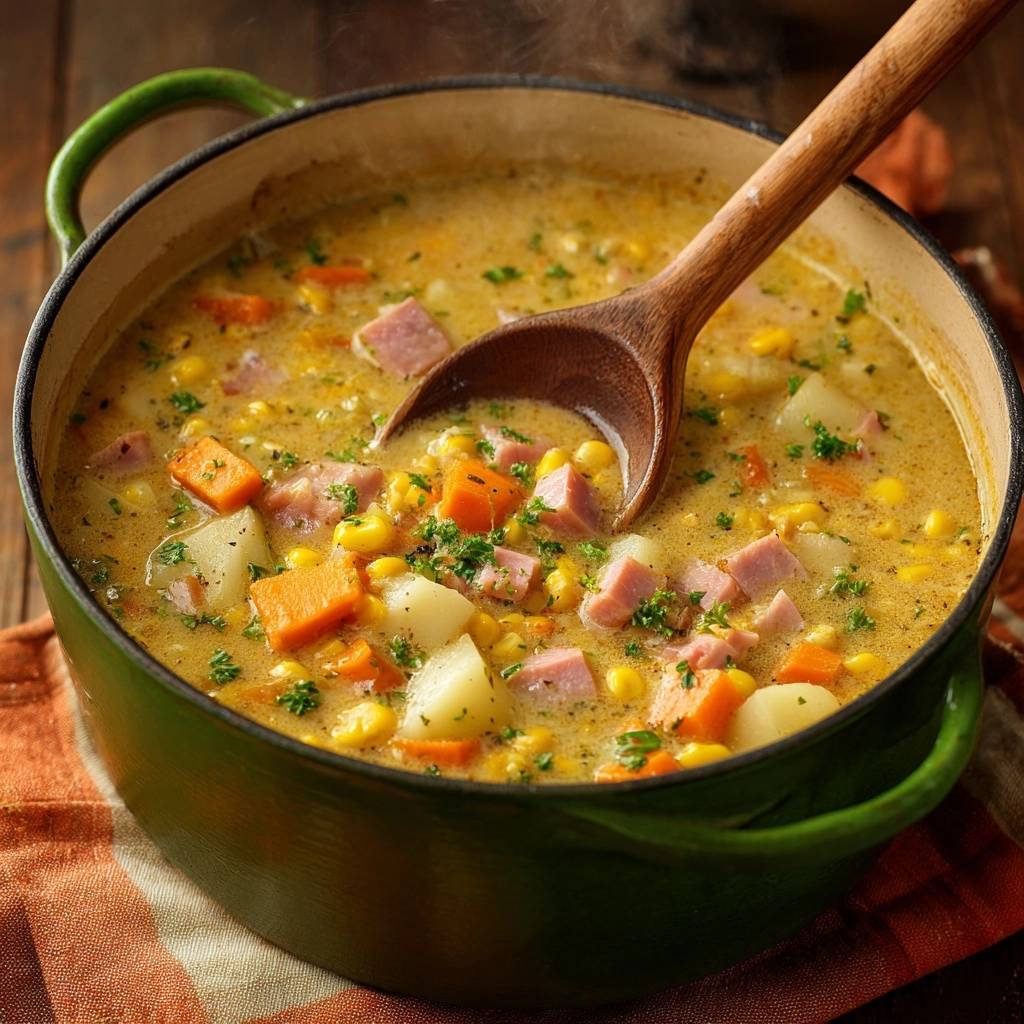 Ham and potato corn chowder steaming in a green Dutch oven with a wooden spoon, showcasing hearty ingredients.