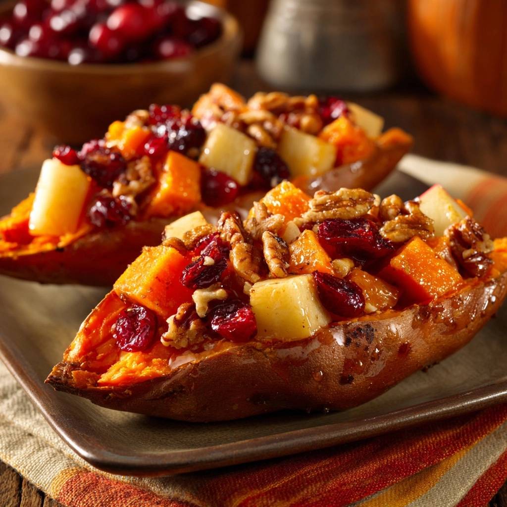 Harvest loaded sweet potatoes topped with cranberries, walnuts, and diced apples, presented on a plate.