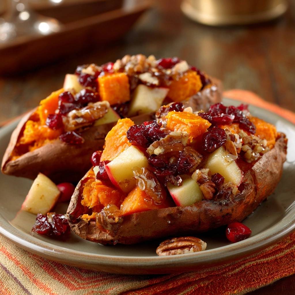 Harvest loaded sweet potatoes filled with diced apples, cranberries, and nuts, served on a plate.