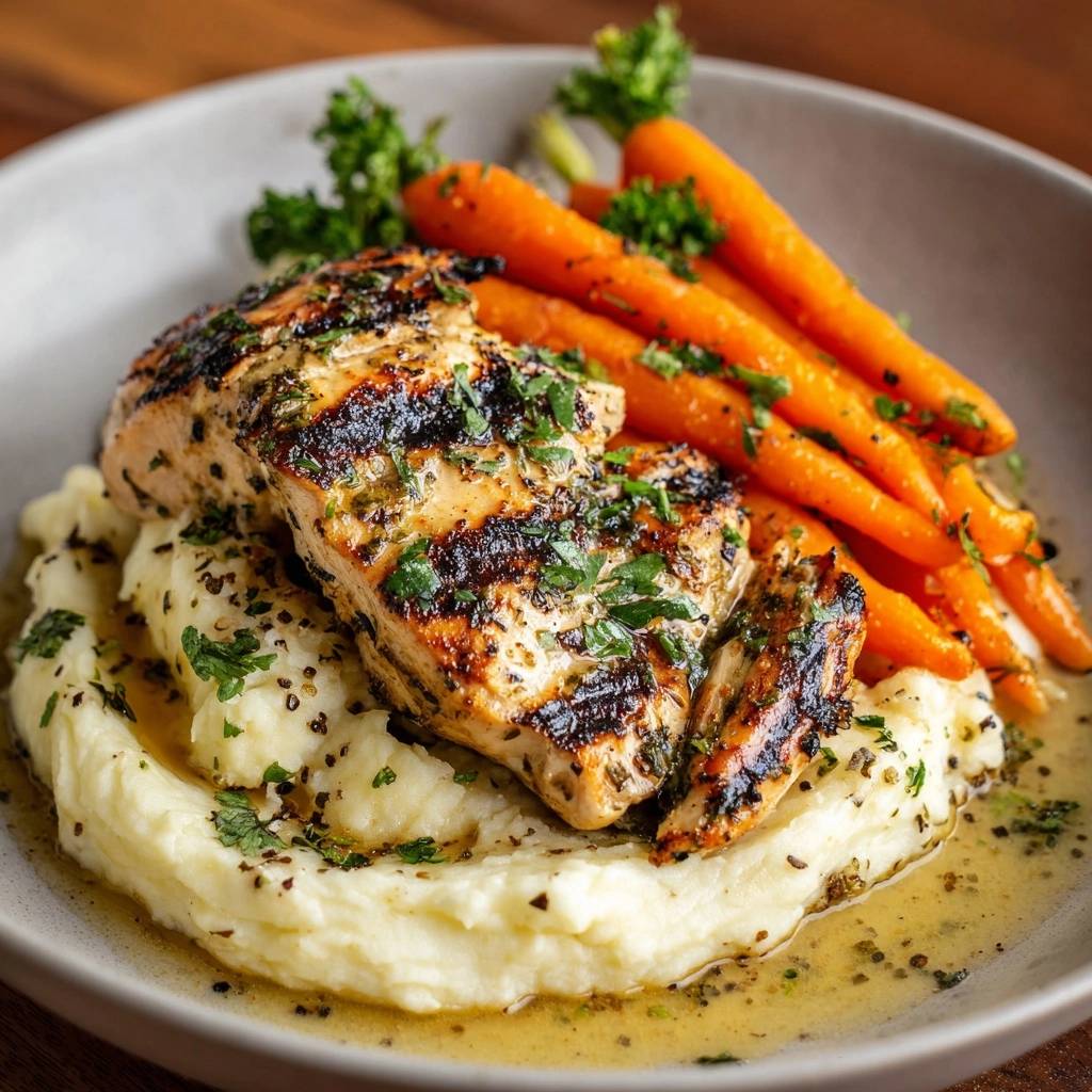Herb grilled chicken and garlic mash plated with roasted carrots, a close-up view.