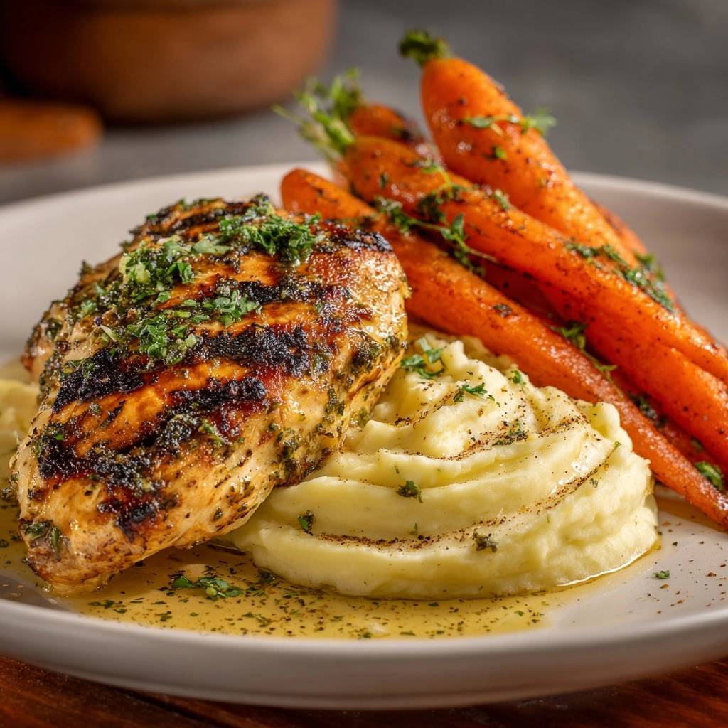 Herb grilled chicken and garlic mash plated with roasted carrots, showing a side view of the delicious meal.