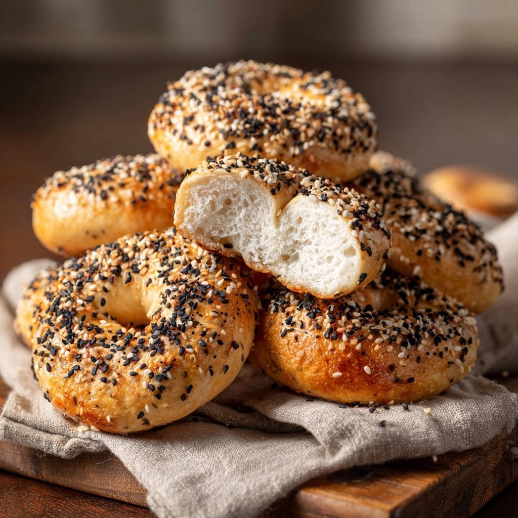 Homemade everything bagels with a close-up cross-section showing the fluffy interior and sesame seed topping.