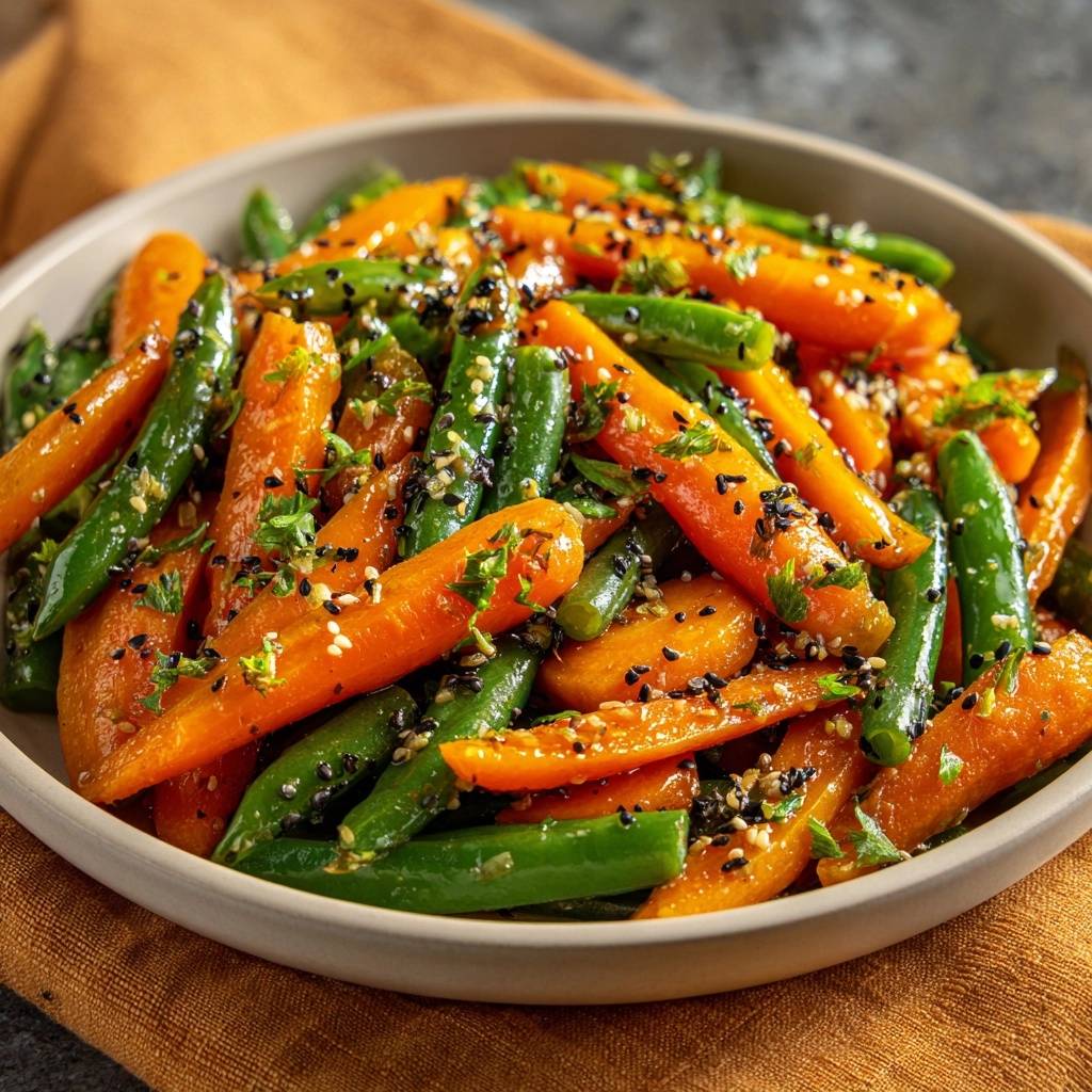 Honey glazed sesame carrots and green beans in a bowl, showing a close-up detail of the glossy glaze and sesame seed topping.