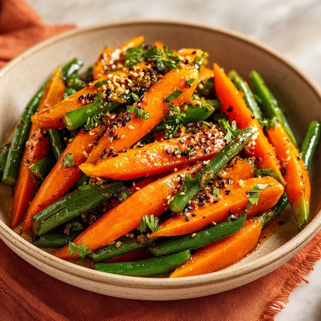 Honey glazed sesame carrots and green beans shown in a bowl with a close-up view of the sesame seed and herb garnish.